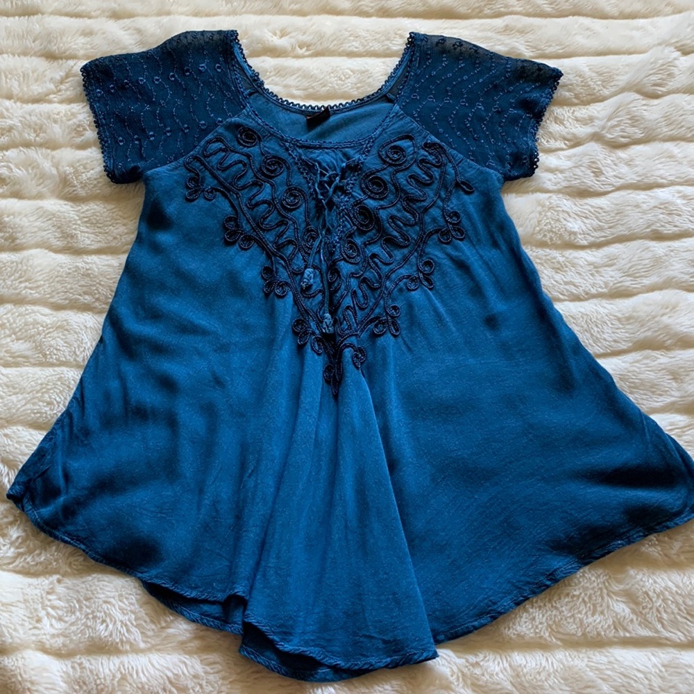 vtg 90s Tunic Teal Turquoise lace up scoop neck unique top M L